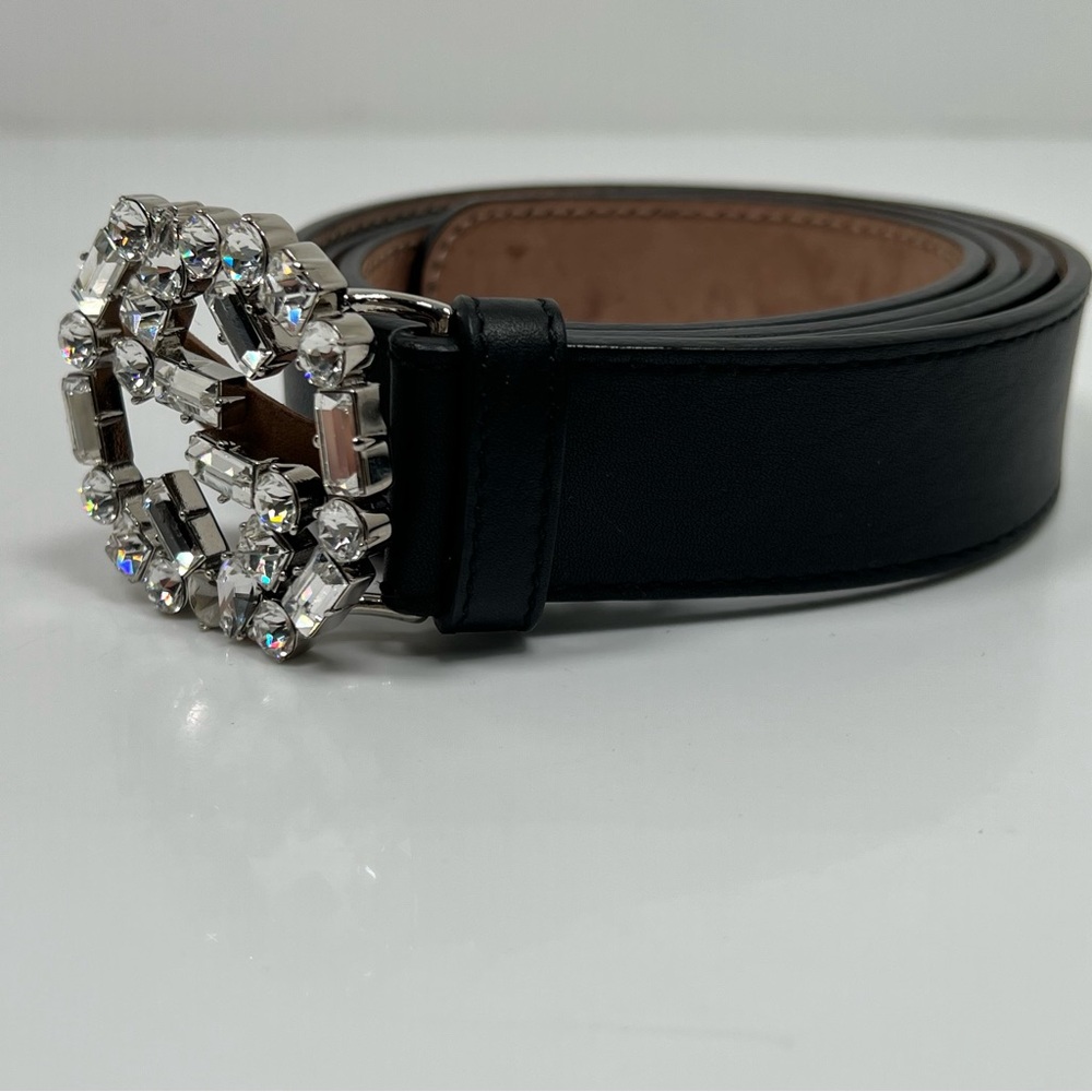 GUCCI Leather Belt Women Black Crystal Interlocking G Silver Tone Size 95 - 38 - Picture 2 of 8